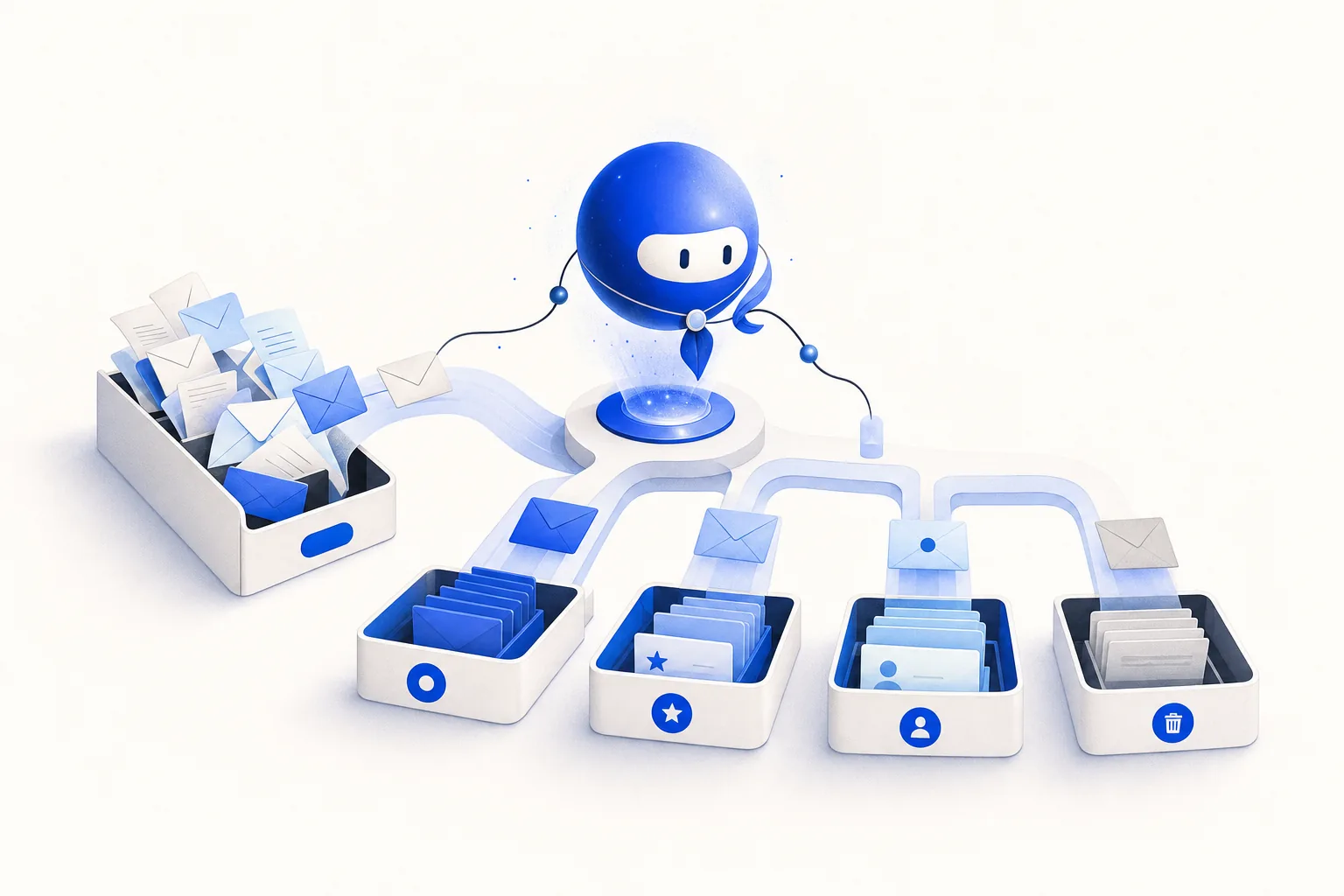 Ilustração editorial em tons de azul representando o artigo: Triagem de inbox com IA: o prompt que substitui sua secretária executiva em 4 etapas