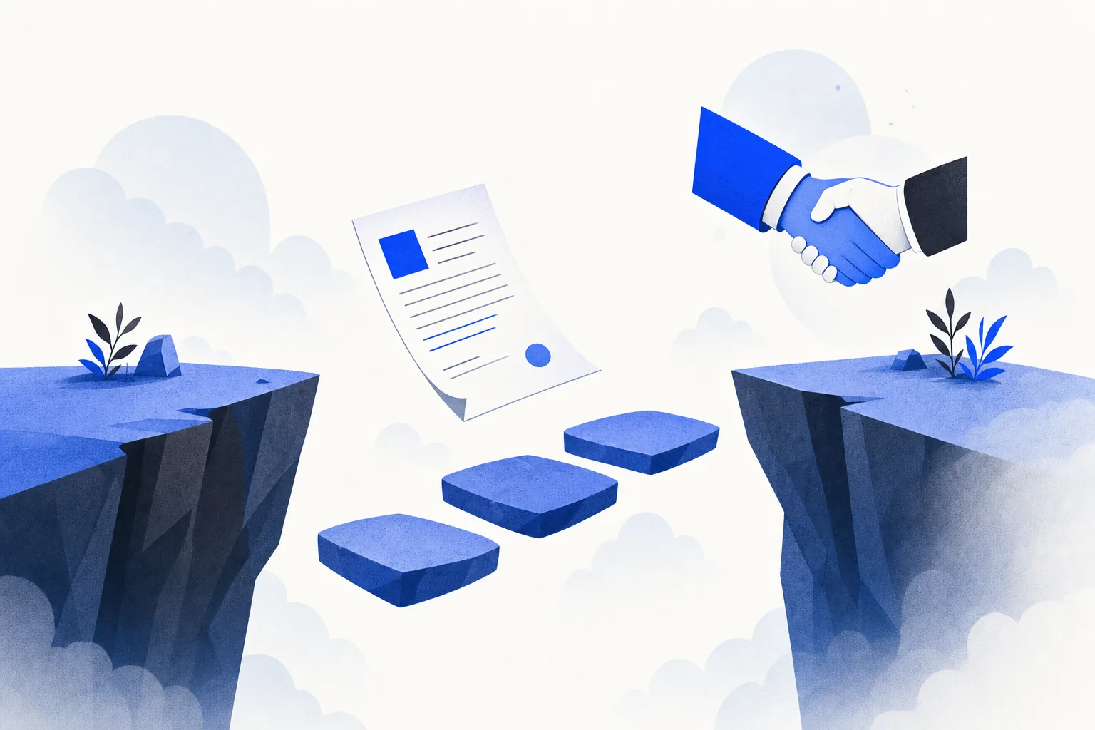 Ilustração editorial em tons de azul representando o artigo: O vácuo pós-proposta: o que fazer nas 72h em que a venda esfria
