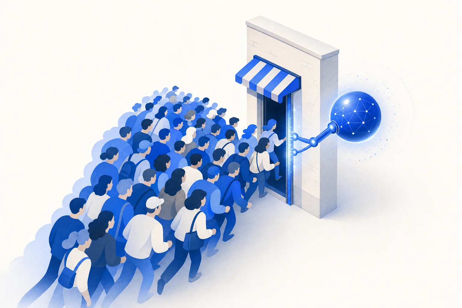 Ilustração editorial em tons de azul representando o artigo: Por que o atendimento trava exatamente nos dias de pico de vendas?