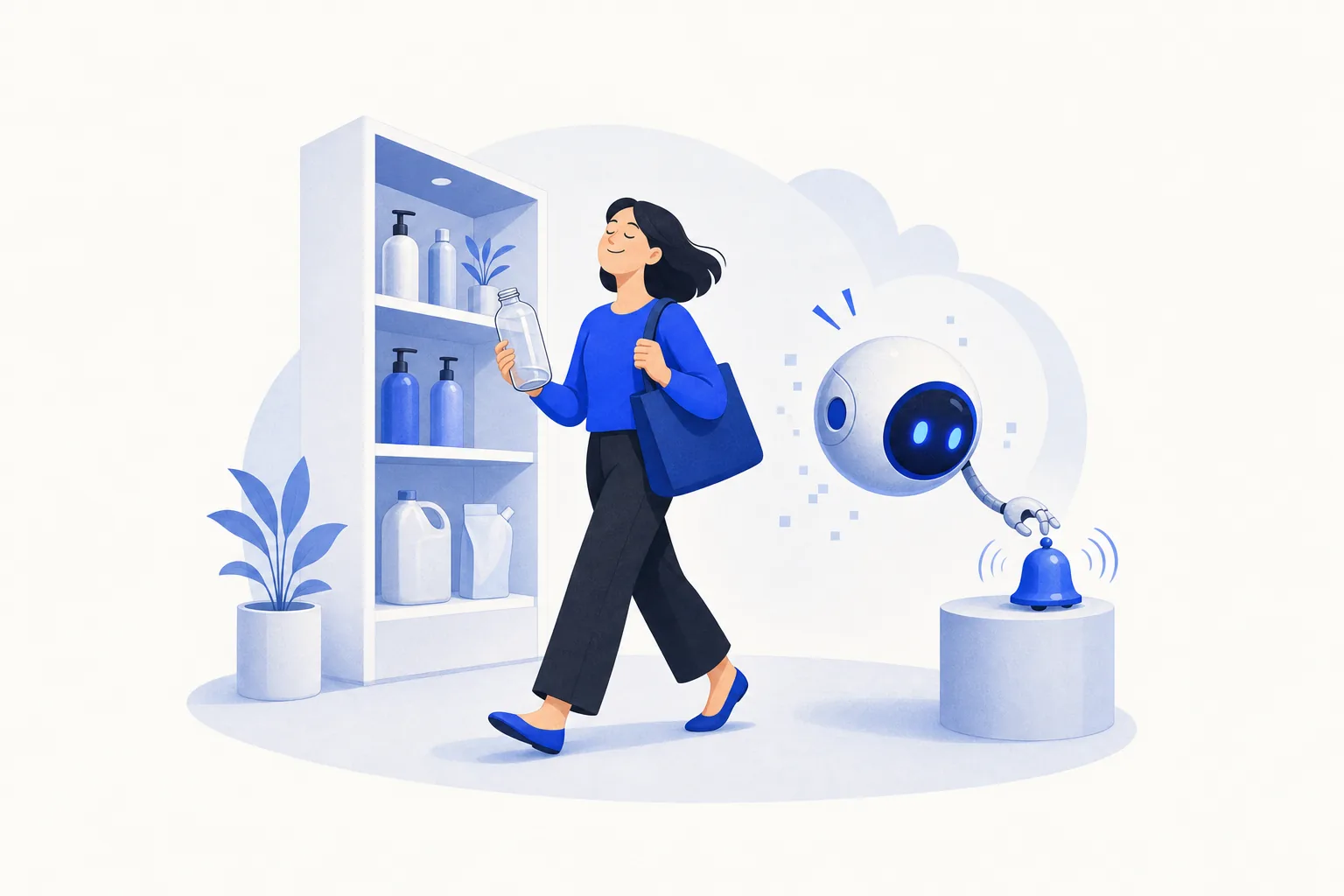 Ilustração editorial em tons de azul representando o artigo: Por que o cliente que já comprou não volta a comprar?