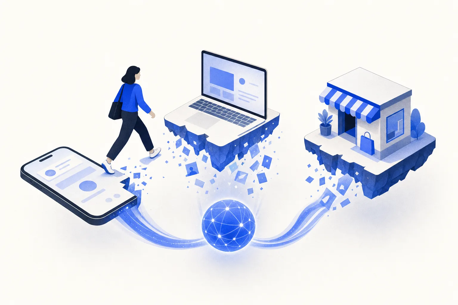 Ilustração editorial em tons de azul representando o artigo: Por que o cliente pesquisa no site e compra na loja física (ou o contrário)?
