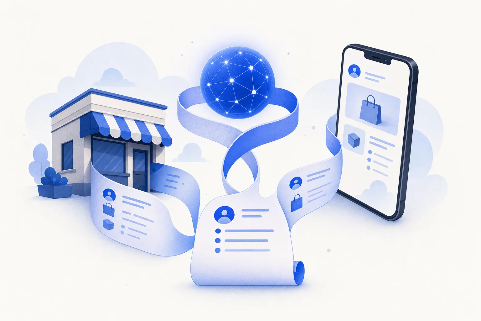 Ilustração editorial em tons de azul representando o artigo: Como unificar loja física e vendas online numa única conversa de WhatsApp