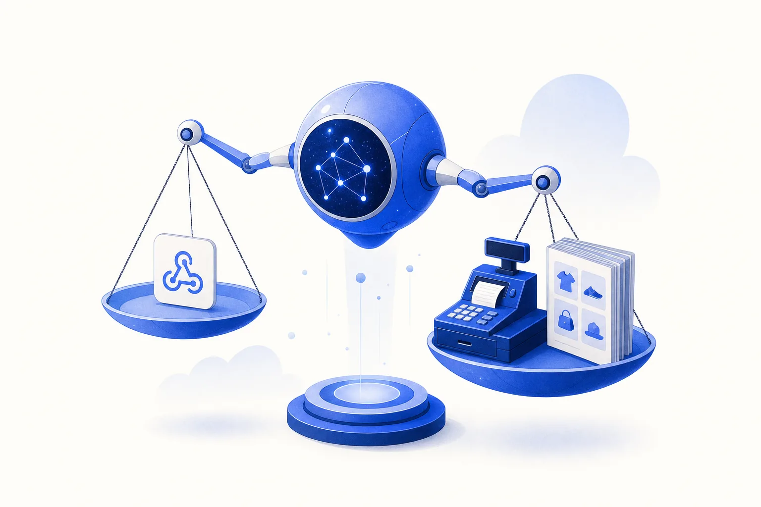 Ilustração editorial em tons de azul representando o artigo: Quanto custa automatizar o atendimento de uma loja física com IA
