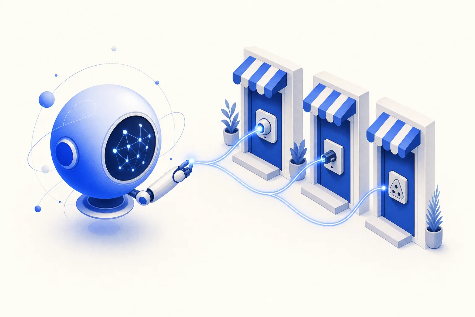 Ilustração editorial em tons de azul representando o artigo: Shopify, Nuvemshop ou Tray: qual integra melhor com WhatsApp e IA?