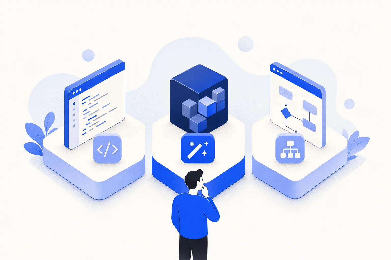 Ilustração editorial em tons de azul representando o artigo: Cursor vs Claude Code vs GitHub Copilot: qual o melhor pra não-dev em 2026