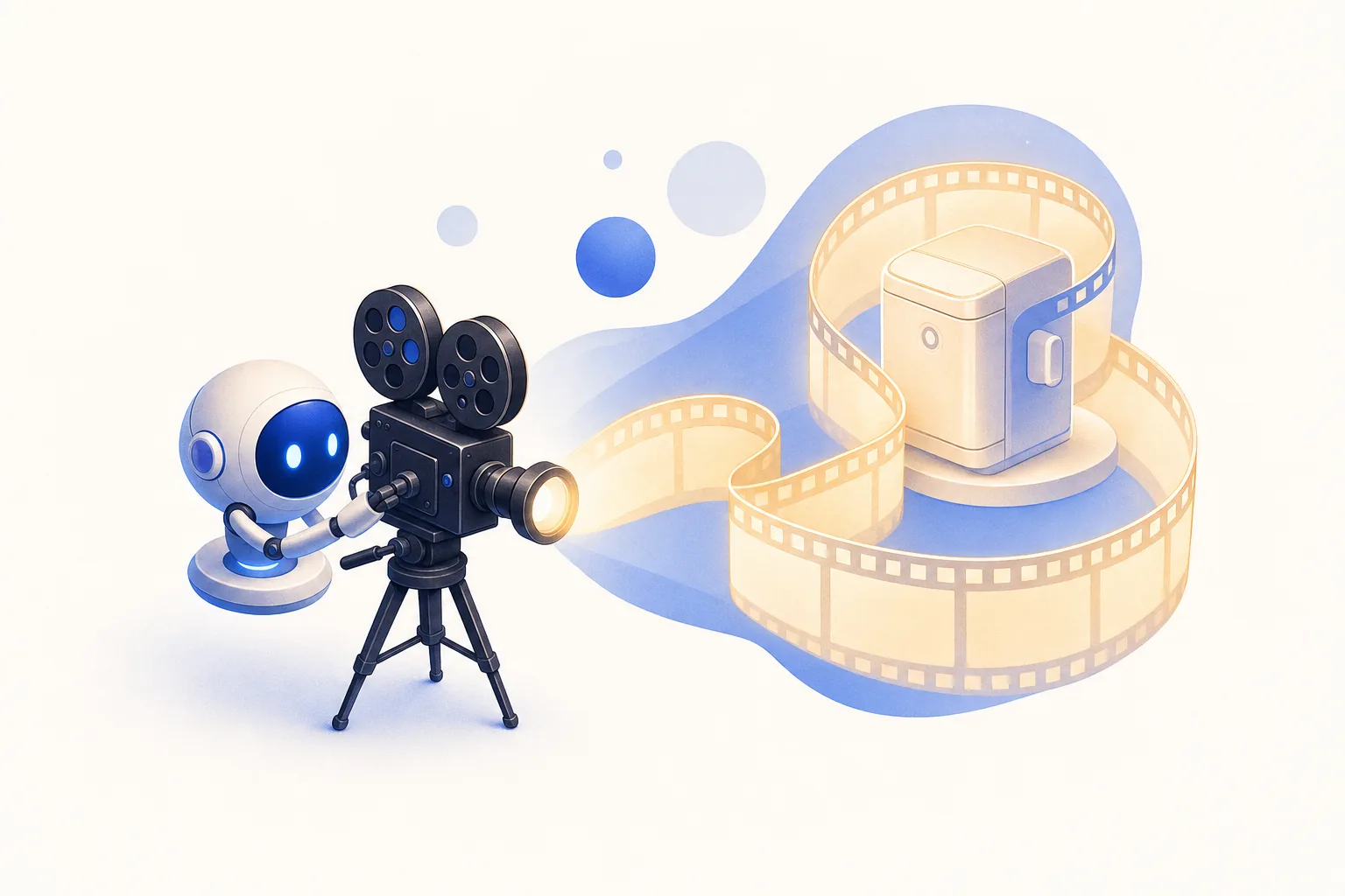 Ilustração editorial em tons de azul representando o artigo: Vídeo gerado por IA no marketing: o que já dá pra usar sem passar vergonha